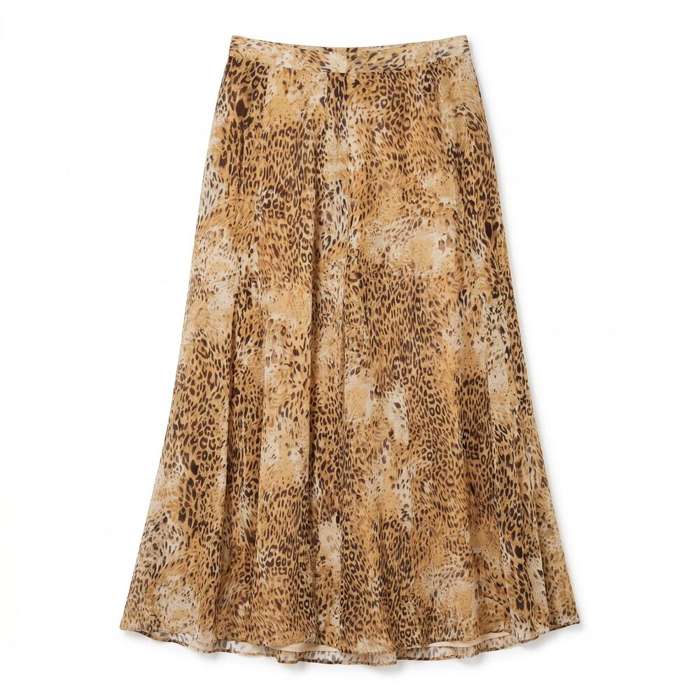 100% Silk Leopard Print Chiffon Midi Skirt | Size 10 | Tan Brown | A-Line